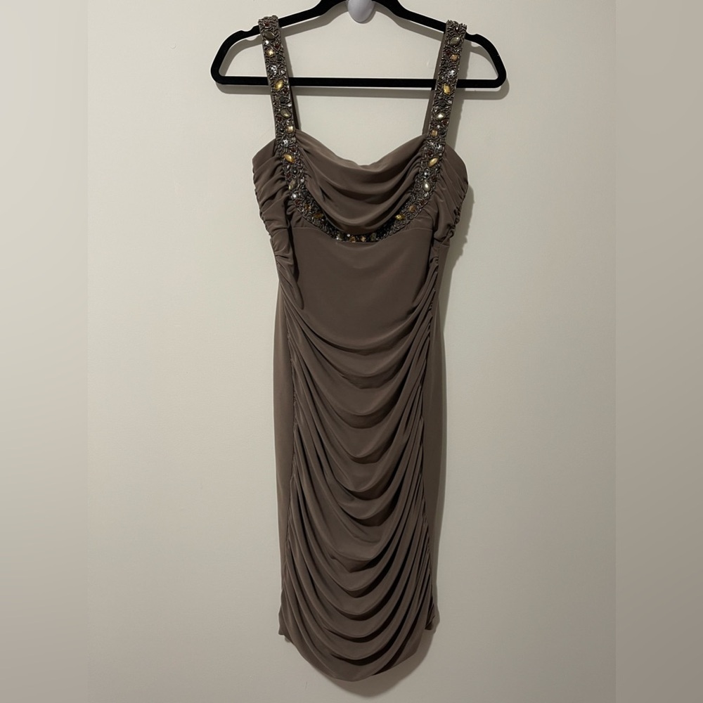 Joseph Ribkoff Brown Jeweled Bodycon Ruched Midi Dress in Size US 8